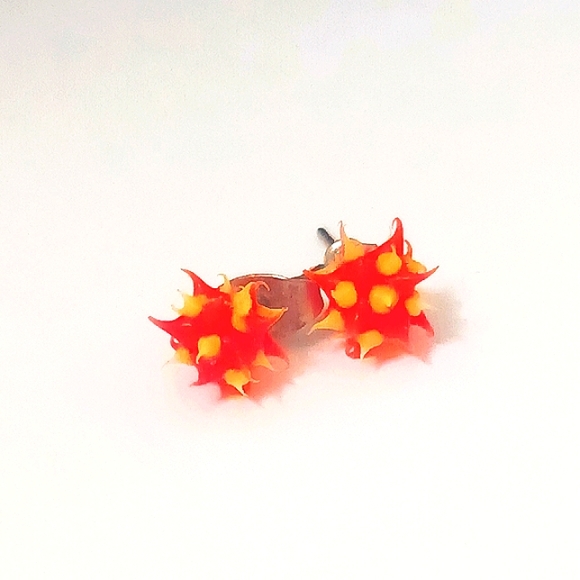 Yellow/Red Rave Spiky Silicone Ball Stud Earrings - Picture 1 of 2